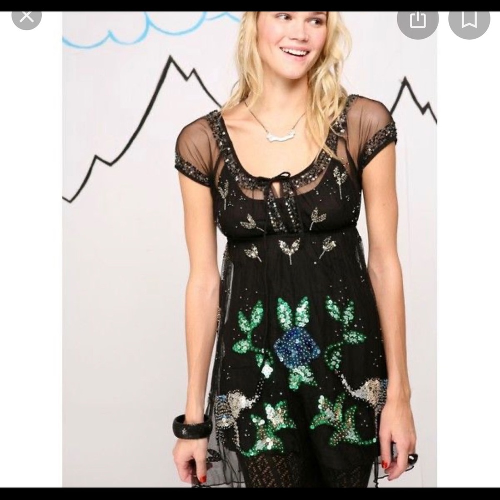 RARE Vinntage Free People Black Sheer Elephant Sequin Slip Dress sz 4 no flaws!